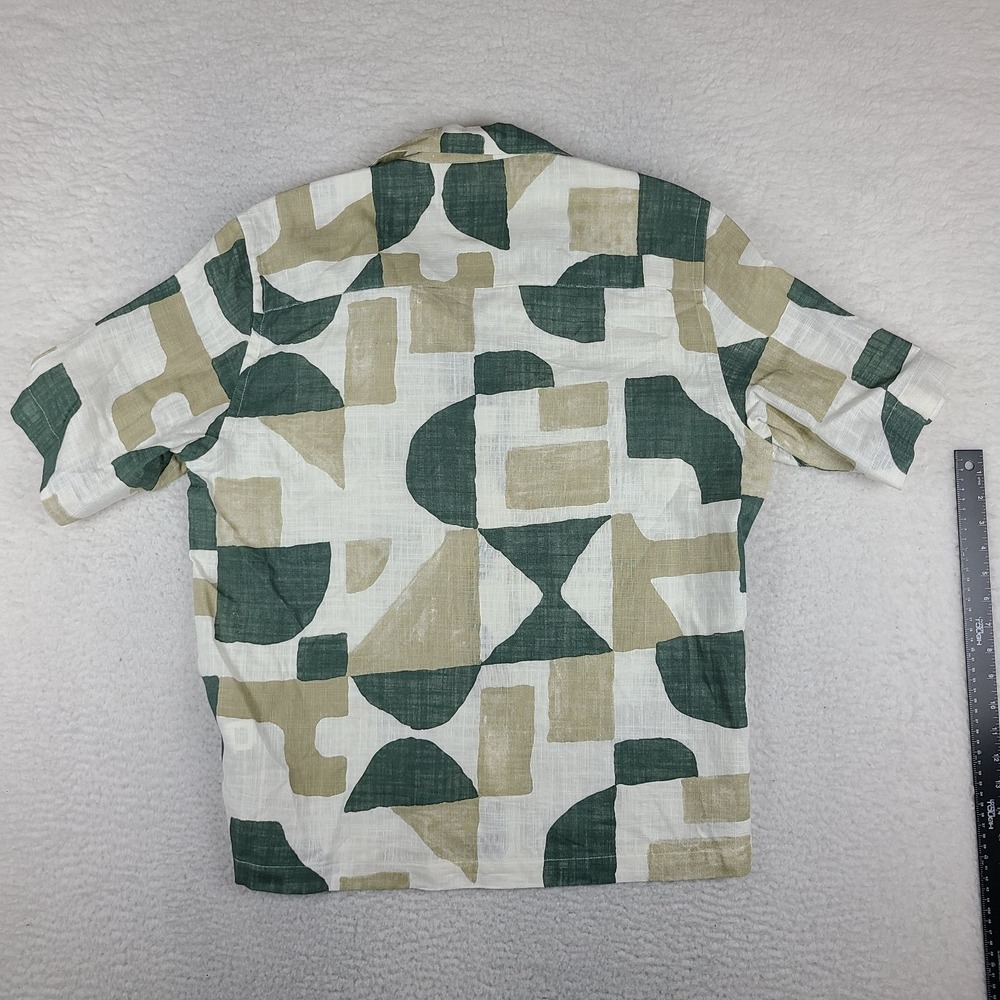 ZARA Shirt Mens XL Green Beige Geometric Linen Hawaiian Button Up Short Sleeve - Picture 9 of 11